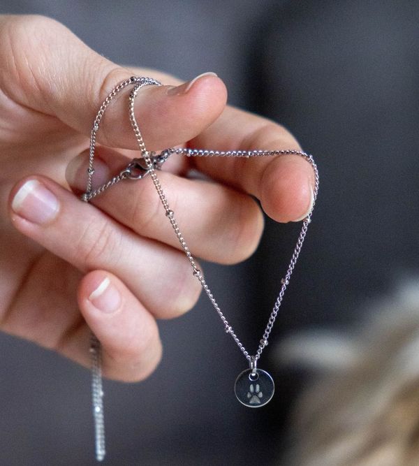 Hand holding a delicate silver necklace with a paw print pendant against a blurred background